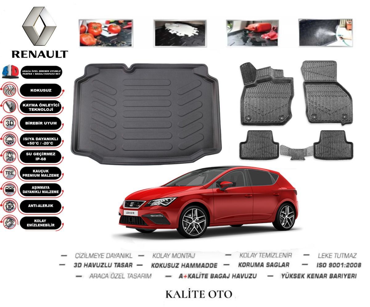 Seat Leon 2012-2020 3D Bagaj Havuzu+4D Havuzlu Paspas Seti