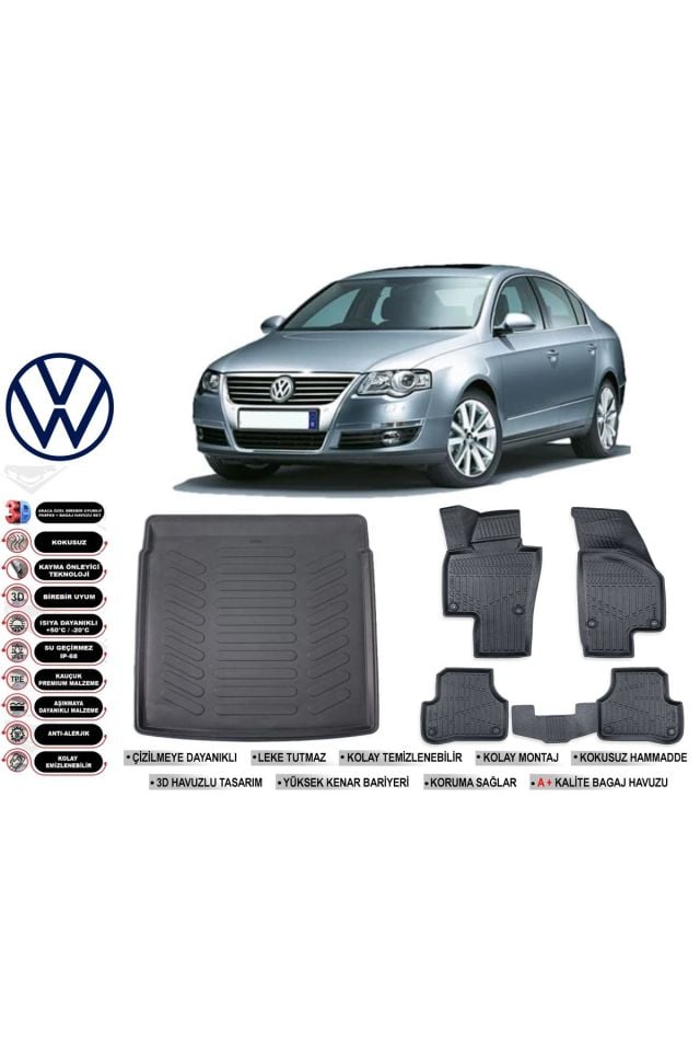 Volkswagen Passat B6 2008 Model Bagaj Havuzu Araca Özel Siyah Havuzlu Paspas Takımı Sett