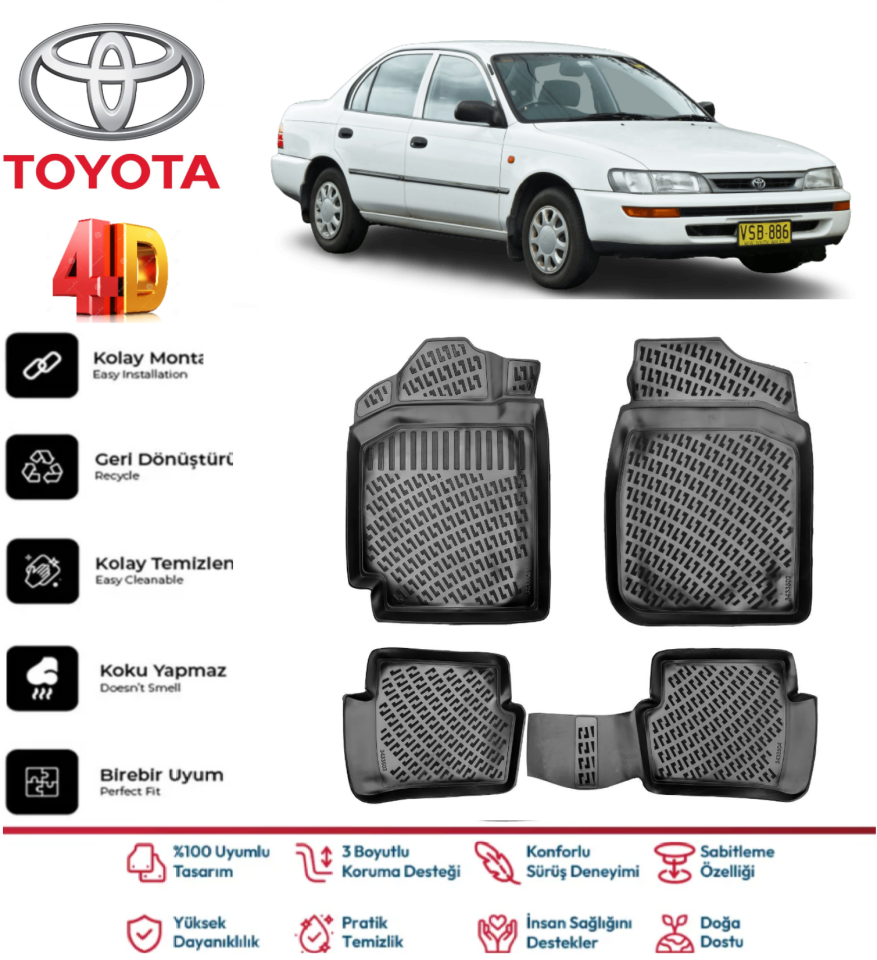 Toyota Corolla 1993-1998 Arası 4.5D Plus Havuzlu Siyah Paspas Takımı Yumuşak