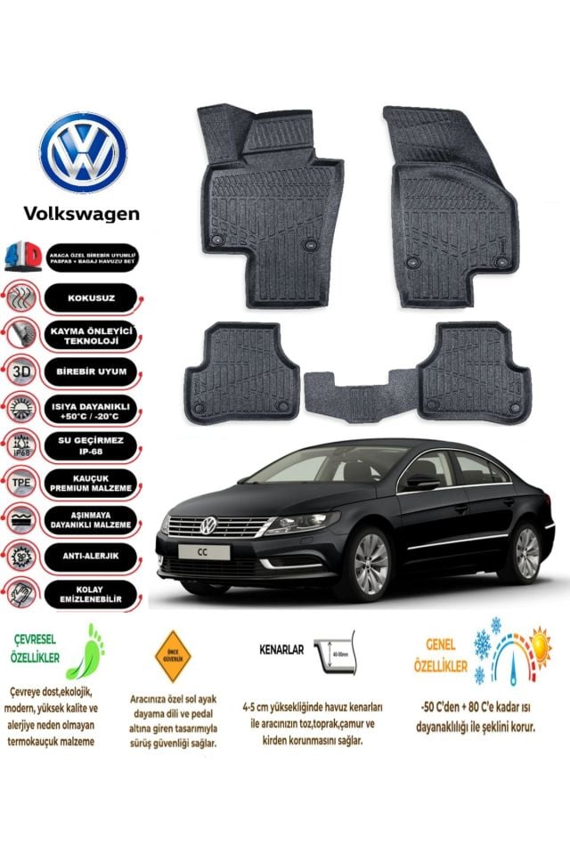 Volkswagen CC 2008 Model 4D Araca Özel Havuzlu Kokusuz Paspas Takımı