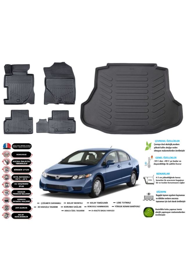 Honda Civic 2008 Model Esnek Bagaj Havuzu Araca Özel Siyah Paspas Takımı