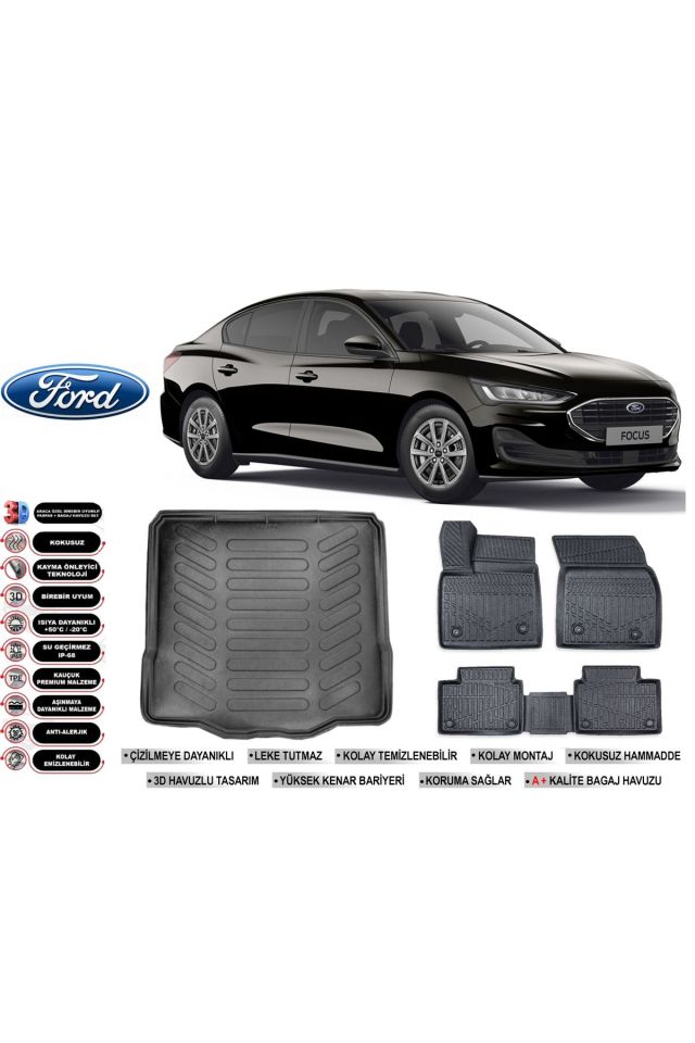 Ford Focus 5 Sedan 2021 Model Tamir kitli Bagaj Havuzu Araca Özel Siyah Havuzlu Paspas Takımı Sett