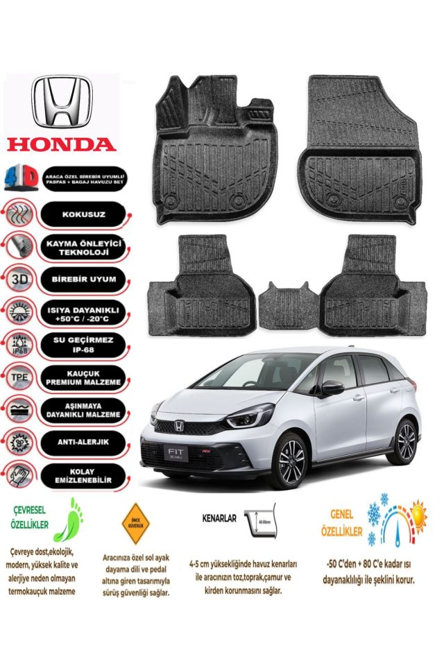 Honda Jazz 2022 Model 4D Araca Özel Havuzlu Kokusuz Paspas Takımı