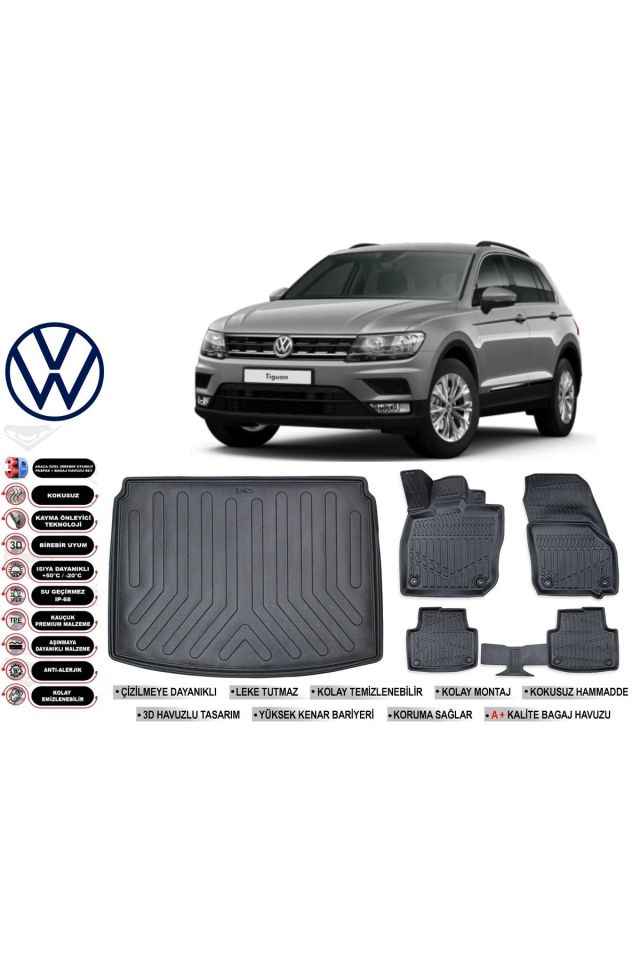 Volkswagen Tiguan 2020 Model Alt Bagaj Havuzu Araca Özel Siyah Havuzlu Paspas Takımı Sett