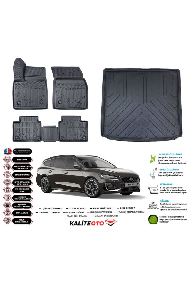 Ford Focus 5 STW 2021 Model Üst Esnek Bagaj Havuzu Araca Özel Siyah Paspas Takımı