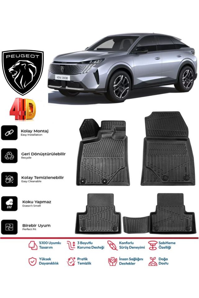 Peugeot 3008 Hybrid 2024 Ve Sonrası 4.5D Plus Havuzlu Siyah Paspas Takımı Yumuşak