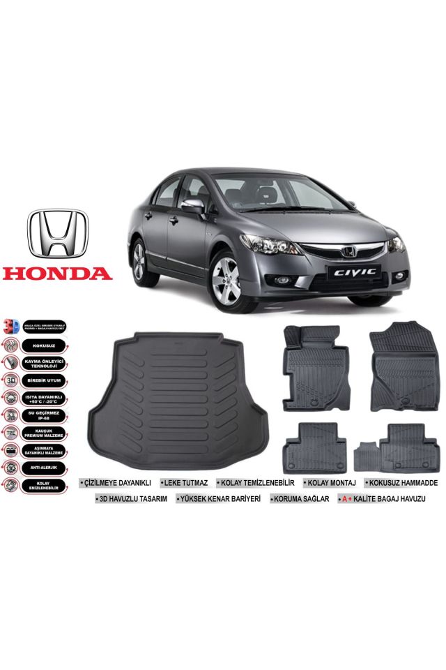 Honda Civic 2007 Model Bagaj Havuzu Araca Özel Siyah Havuzlu Paspas Takımı Sett