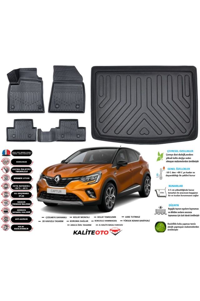 Renault Captur 2025 Model Alt Esnek Bagaj Havuzu Araca Özel Siyah Paspas Takımı