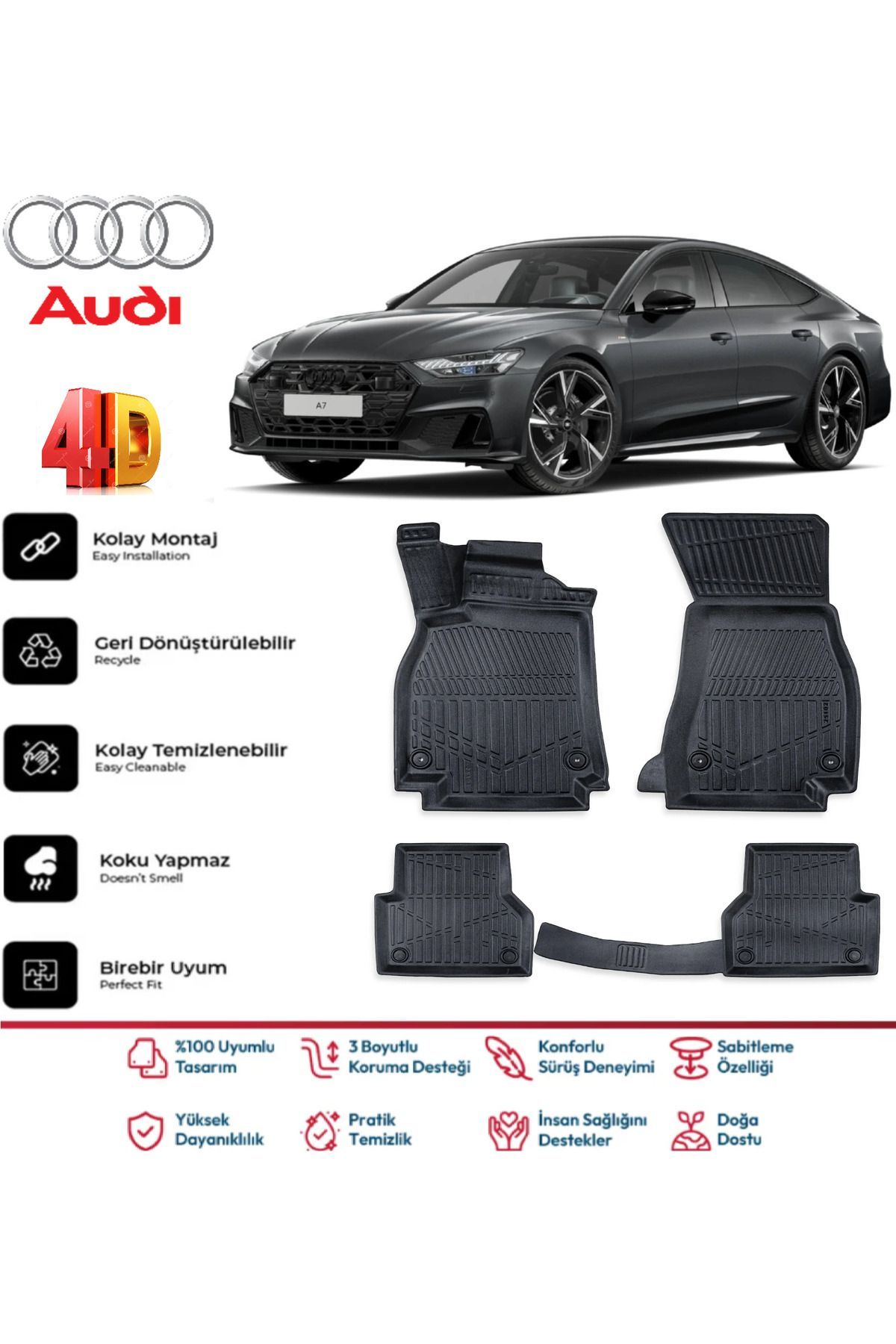 Audi A7 2018 Sonrası 4.5D Plus Havuzlu Siyah Paspas Takımı Yumuşak