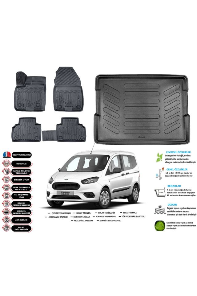 Ford Courier 2023 Model Esnek Bagaj Havuzu Araca Özel Siyah Paspas Takımı