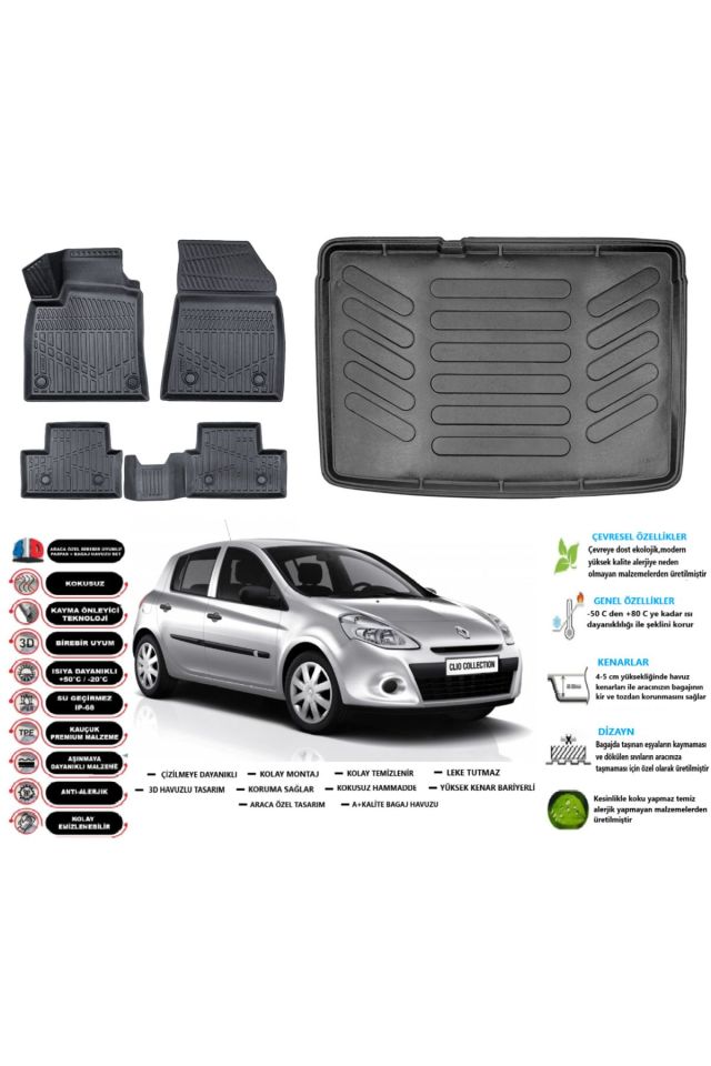 Renault Clio 3 2011 Model Kancasız Esnek Bagaj Havuzu Araca Özel Siyah Paspas Takımı