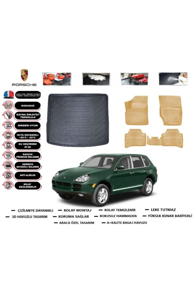 Porsche Cayenne 2004 Model Bagaj Havuzu(paspası)+Araca Özel Bej Paspas Takımı Flex