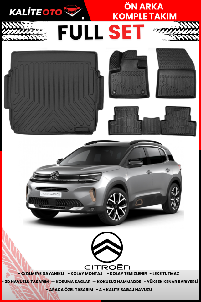 Citroen C5 Aircross 2017 Sonrası Üst Bagaj Havuzu Araca Özel Siyah Havuzlu Paspas Takımı Sett