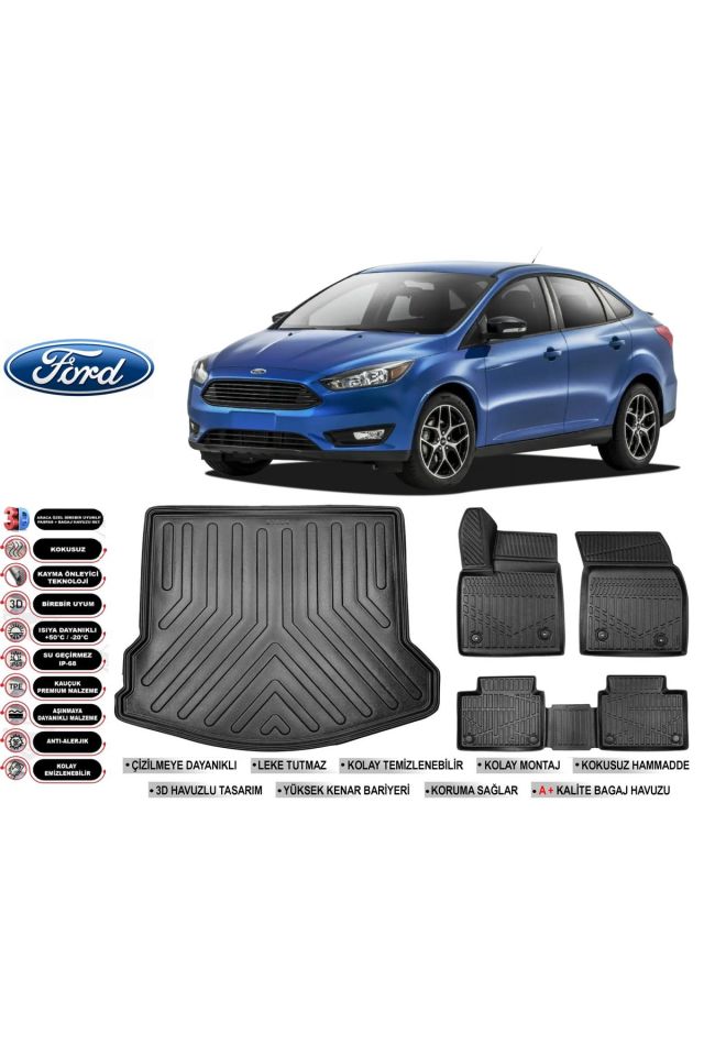 Ford Focus 3,5 Sedan 2017 Model Bagaj Havuzu Araca Özel Siyah Havuzlu Paspas Takımı Sett