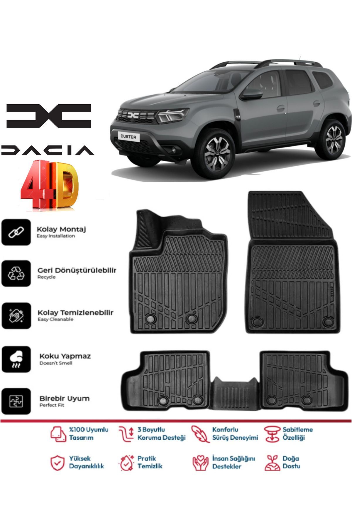 Dacia Duster 2023 Ve Sonrası 4.5D Plus Havuzlu Siyah Paspas Takımı Yumuşak