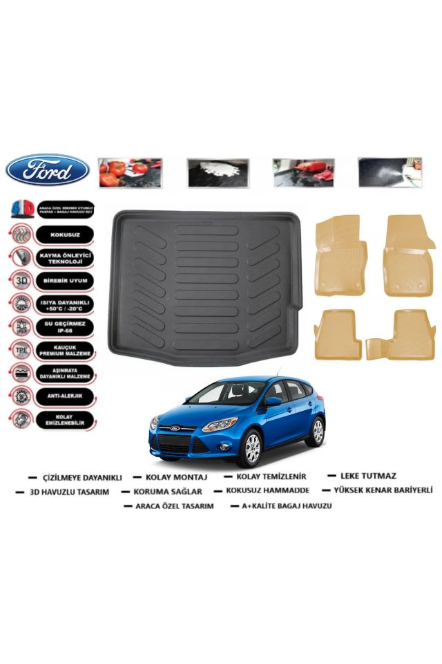 Ford Focus 3 Hb 2012 Model Bagaj Havuzu+Araca Özel Bej Paspas Takımı Flex