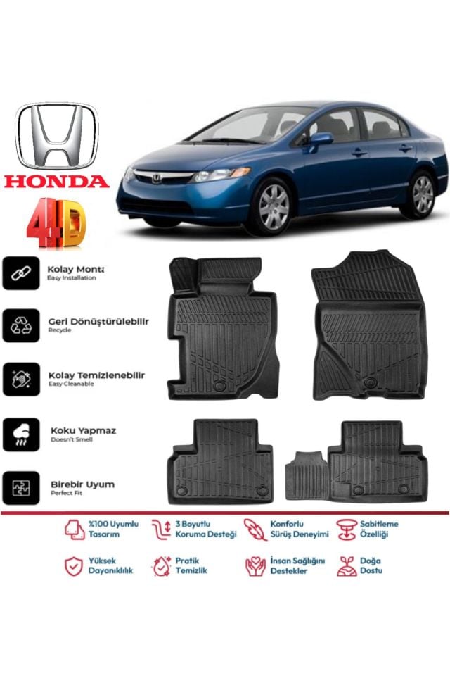 Honda Civic 2006-2012 4.5D Plus Havuzlu Siyah Paspas Takımı Yumuşak