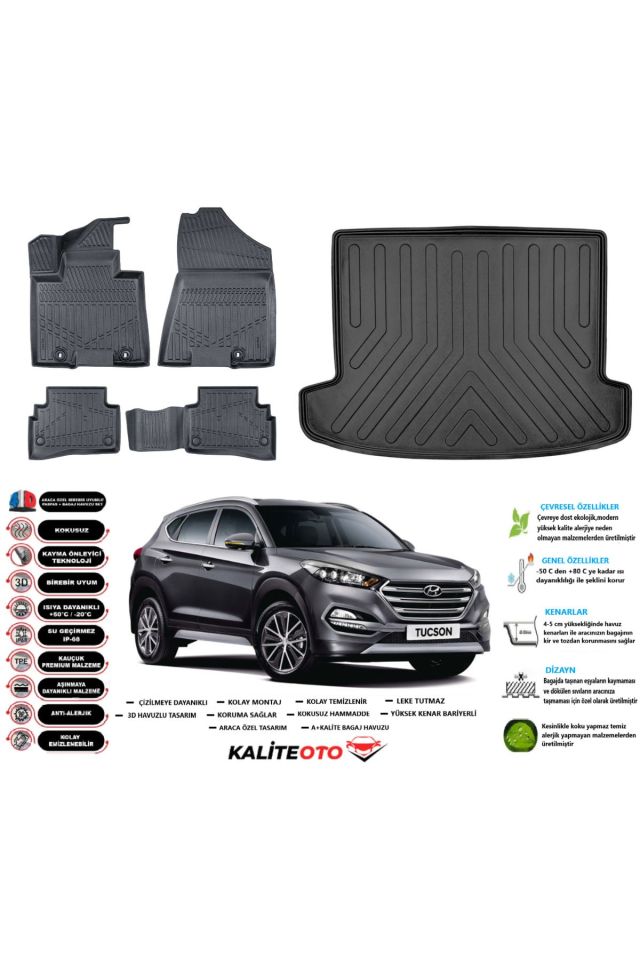Hyundai Tucson 2016 Model Esnek Bagaj Havuzu Araca Özel Siyah Paspas Takımı