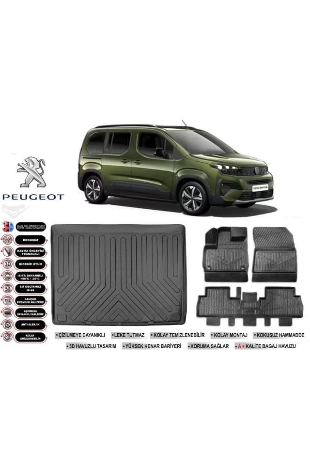 Peugeot Rifter 2023 Model Bagaj Havuzu Araca Özel Siyah Havuzlu Paspas Takımı Sett