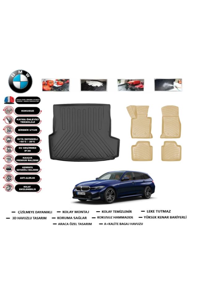 Bmw 3 serisi F30 STW 2019 Model Bagaj Havuzu(paspası)+Araca Özel Bej Paspas Takımı Flex