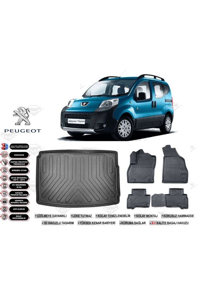 Peugeot Bipper 2023 Model Bagaj Havuzu Araca Özel Siyah Havuzlu Paspas Takımı Sett