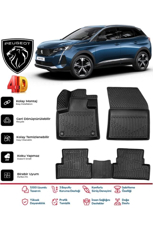 Peugeot 3008 2017-2024 4.5D Plus Havuzlu Siyah Paspas Takımı Yumuşak