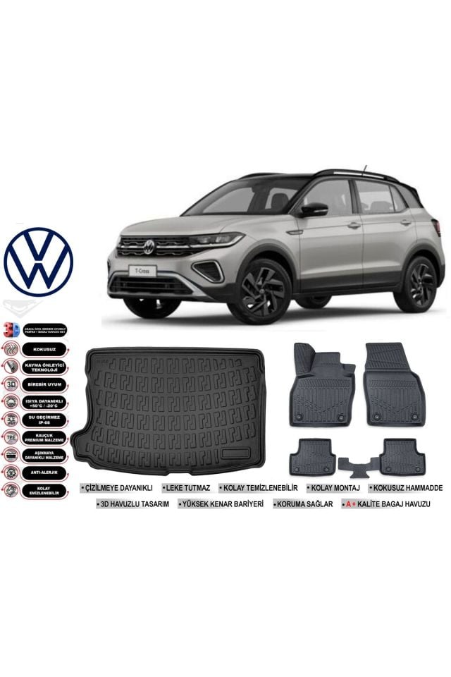Volkswagen T-Cross 2020 Model Üst Bagaj Havuzu Araca Özel Siyah Havuzlu Paspas Takımı Sett