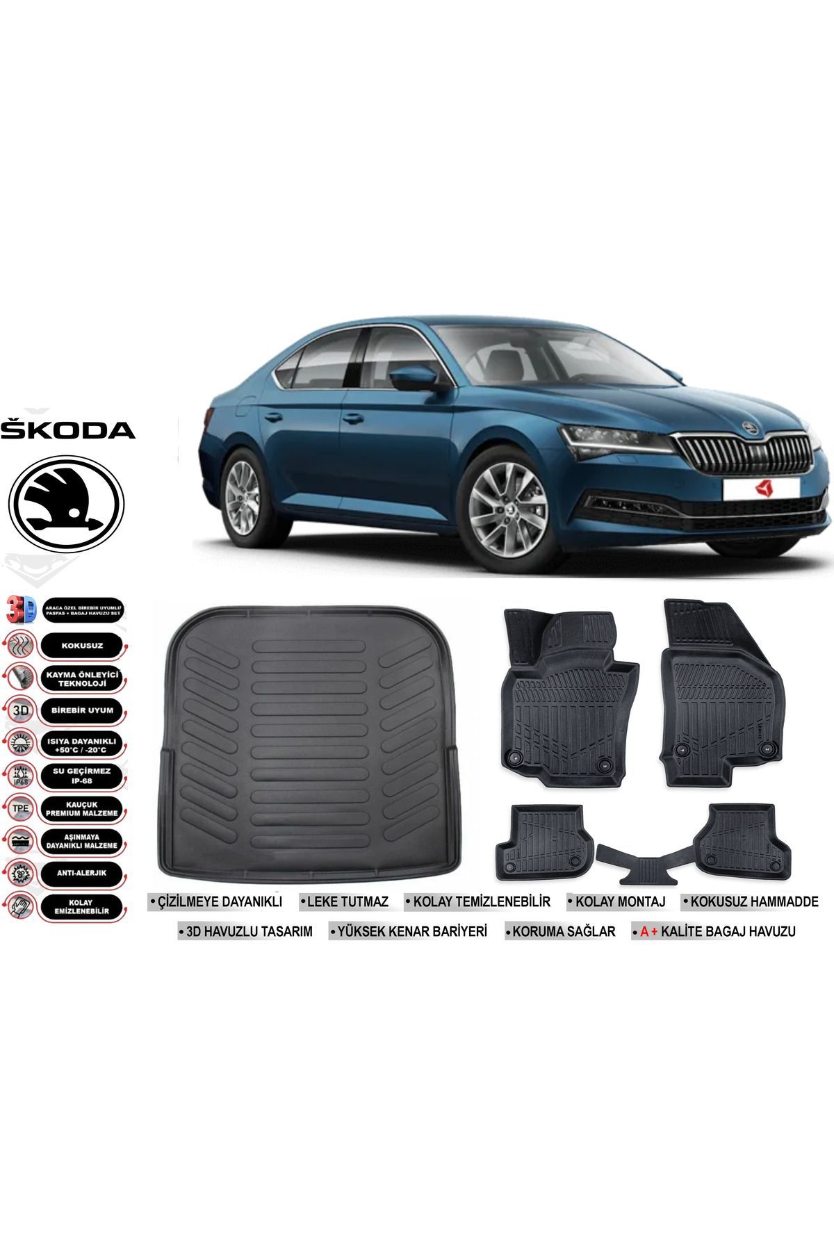 Skoda Super B 2018 Model Bagaj Havuzu Araca Özel Siyah Havuzlu Paspas Takımı Sett