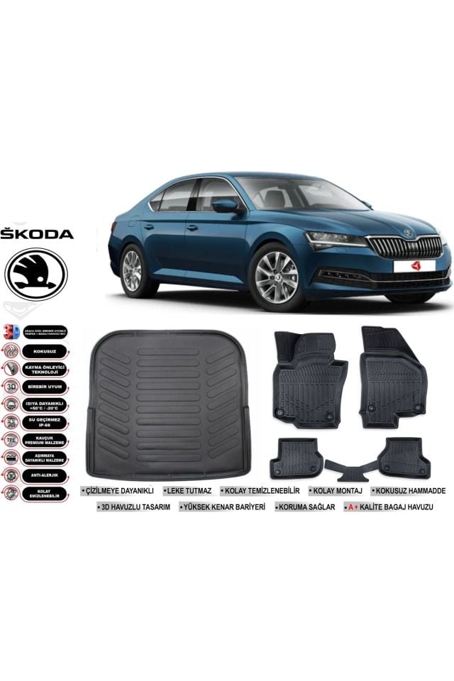 Skoda Super B 2018 Model Bagaj Havuzu Araca Özel Siyah Havuzlu Paspas Takımı Sett