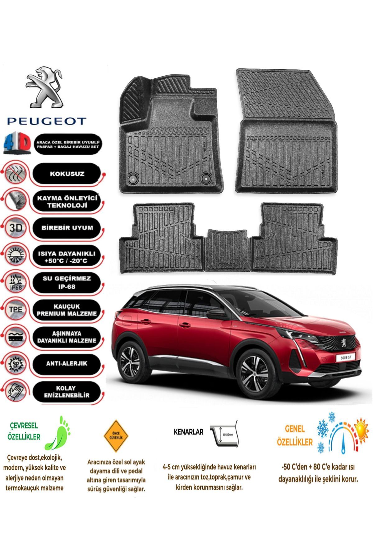 Peugeot 3008 2017 Model 4D Araca Özel Havuzlu Paspas Takımı