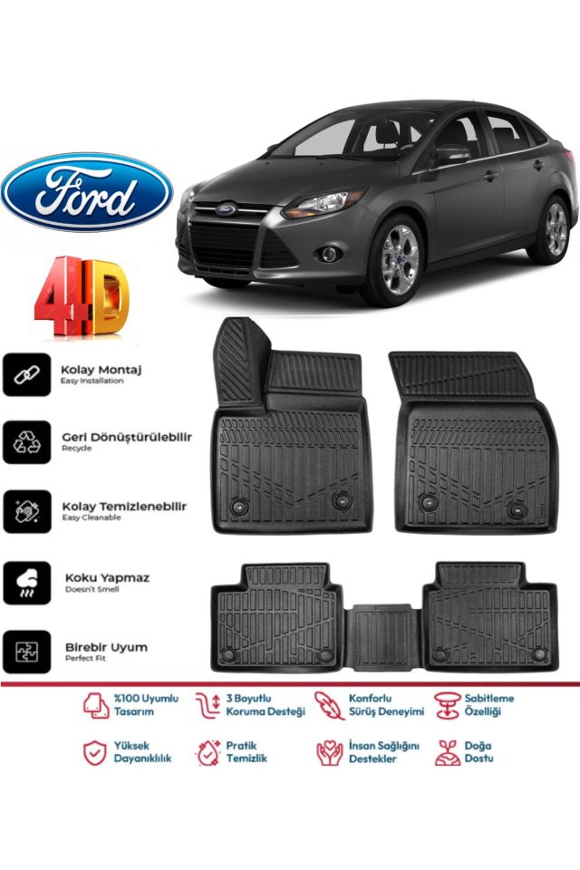 Ford Focus 3 Sedan 2011-2014 4.5D Plus Havuzlu Siyah Paspas Takımı Yumuşak