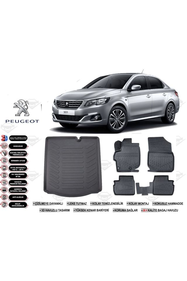 Peugeot 301 2021 Model Bagaj Havuzu Araca Özel Siyah Havuzlu Paspas Takımı Sett