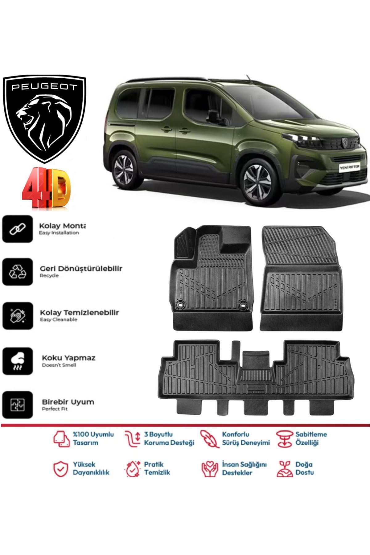 Peugeot Rifter 2019 Ve Sonrası 4.5D Plus Havuzlu Siyah Paspas Takımı Yumuşak