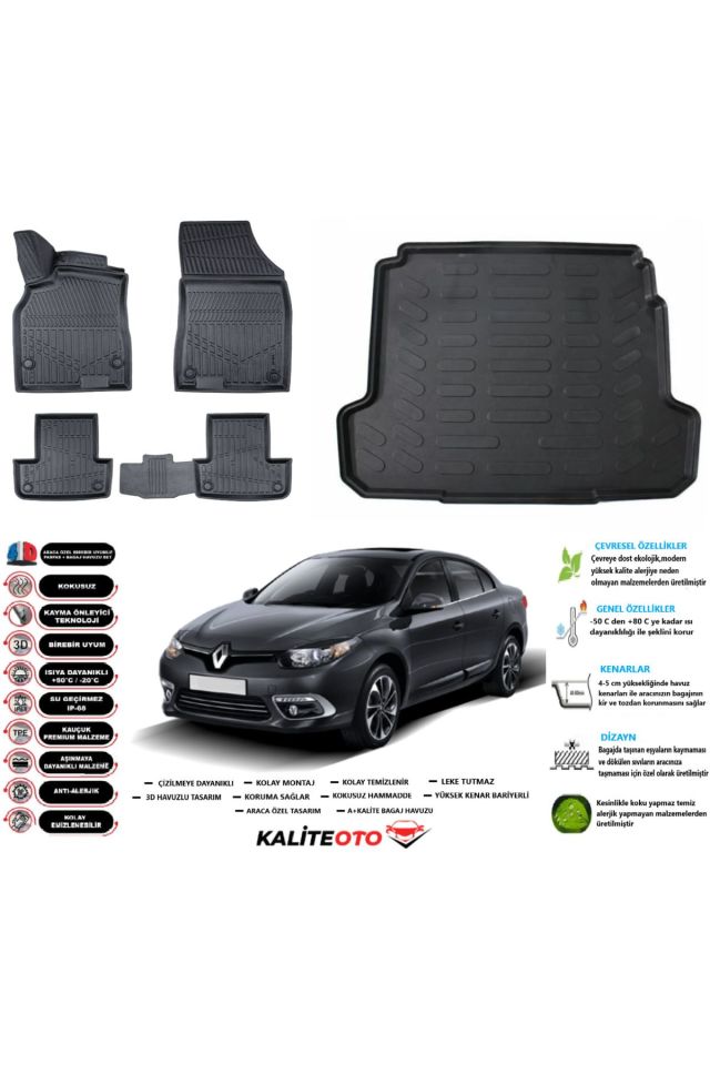 Renault Fluence 2011 Model Esnek Bagaj Havuzu Araca Özel Siyah Paspas Takımı