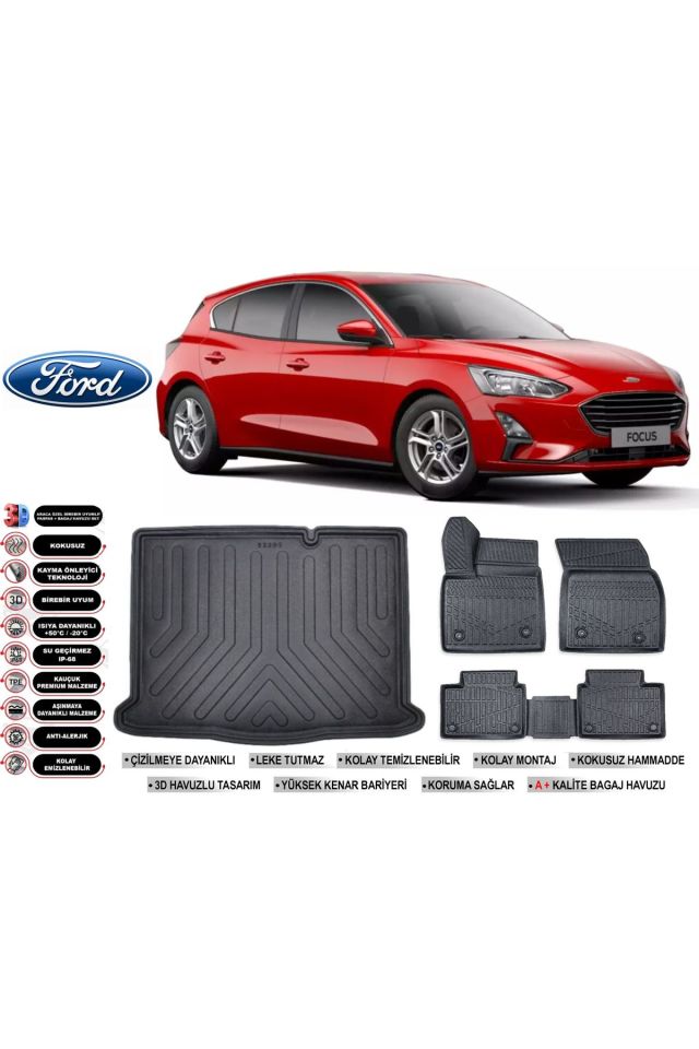Ford Focus 5 Hatchback 2025 Model Stepneli Bagaj Havuzu Araca Özel Siyah Havuzlu Paspas Takımı Sett