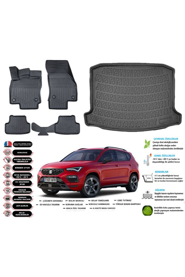 Seat Ateca 4x2 2017 Model Esnek Bagaj Havuzu Araca Özel Siyah Paspas Takımı