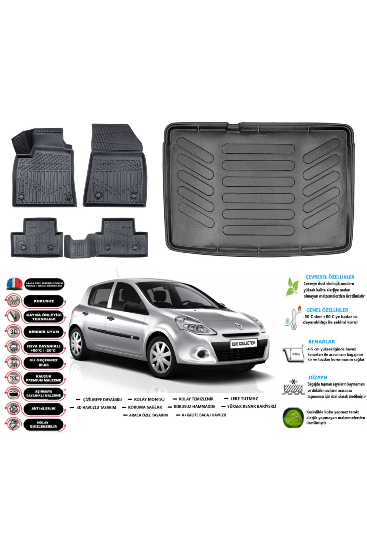 Renault Clio 3 2005 Model Kancasız Esnek Bagaj Havuzu Araca Özel Siyah Paspas Takımı