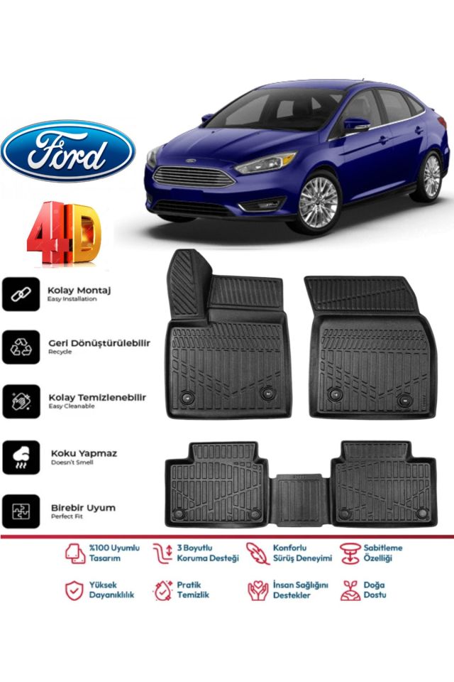 Ford Focus 3,5 Sedan 2014-2018 4.5D Plus Havuzlu Siyah Paspas Takımı Yumuşak