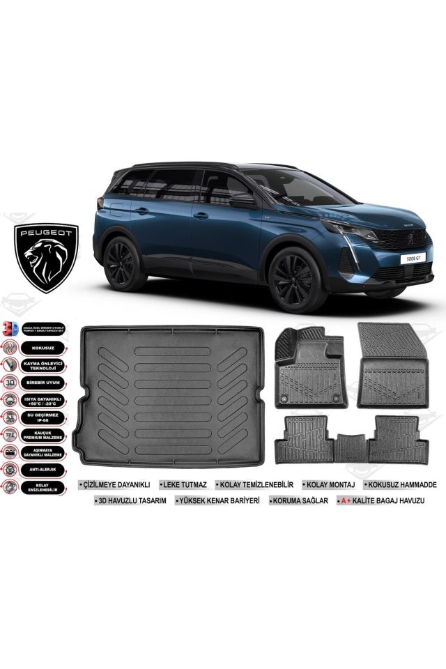 Peugeot 5008 2021 Model Bagaj Havuzu Araca Özel Siyah Havuzlu Paspas Takımı Sett
