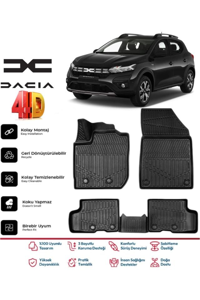 Dacia Sandero 2020 Ve Sonrası 4.5D Plus Havuzlu Siyah Paspas Takımı Yumuşak