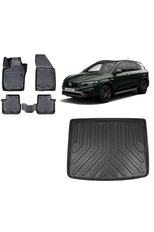 Fiat Egea Uyumlu  Cross 2018 Model 3D TAMİR KİTLİ Bagaj Havuzu+3D Havuzlu Araca Özel Paspas Takımı