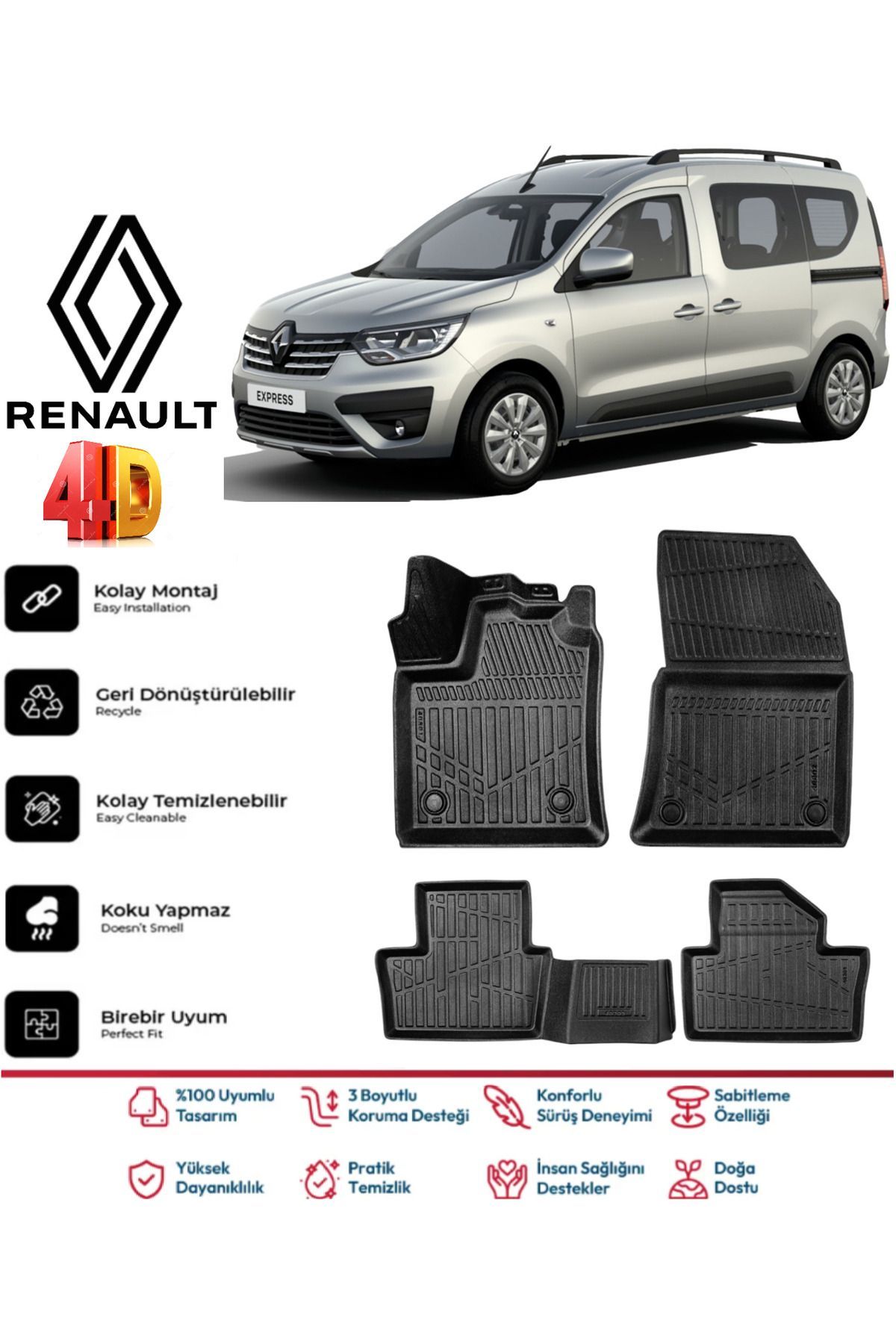 Renault Express 2021 Ve Sonrası 4.5D Plus Havuzlu Siyah Paspas Takımı Yumuşak