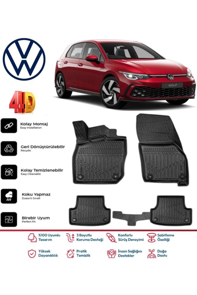 Volkswagen Golf 8 Otomatik 2021 Ve Sonrası 4.5D Plus Havuzlu Siyah Paspas Takımı Yumuşak