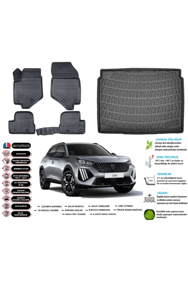 Peugeot 2008 2019 Model Alt Esnek Bagaj Havuzu Araca Özel Siyah Paspas Takımı