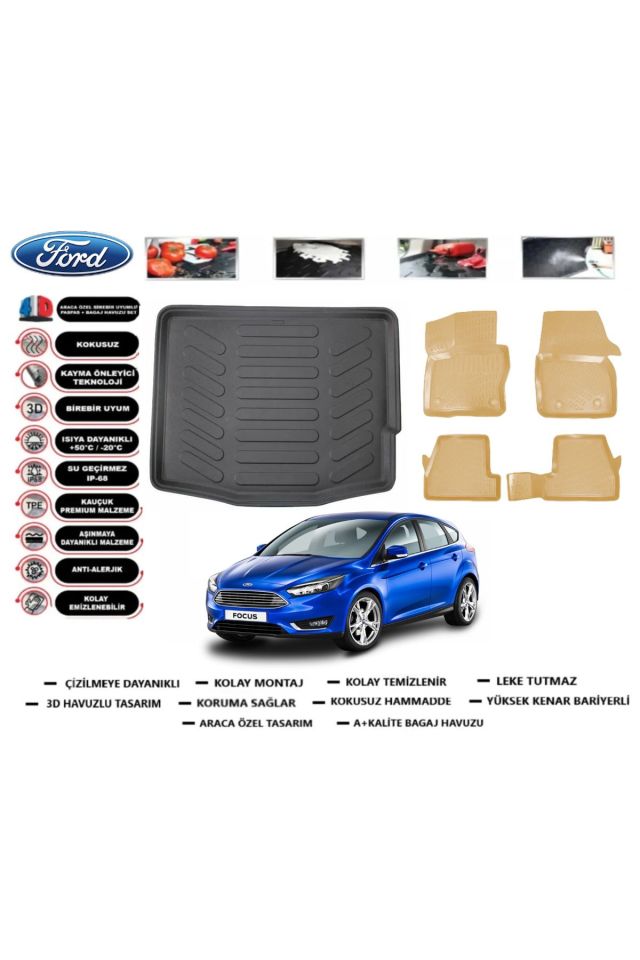 Ford Focus 3.5 Hb 2015 Model Bagaj Havuzu+Araca Özel Bej Paspas Takımı Flex