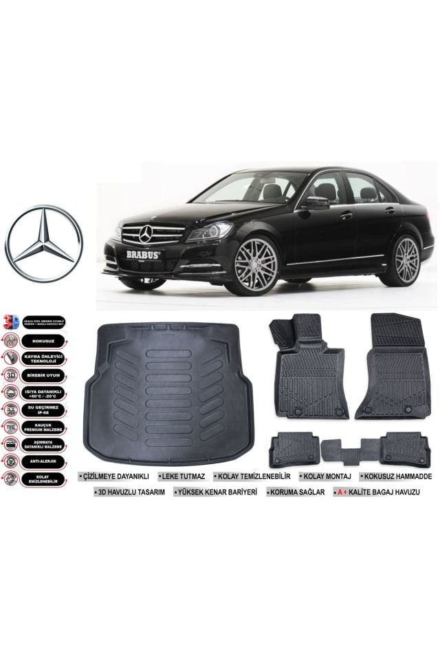 Mercedes C Serisi W204 2012 Model Plastik Bagaj Havuzu Araca Özel Siyah Extra Havuzlu Paspas Takımı