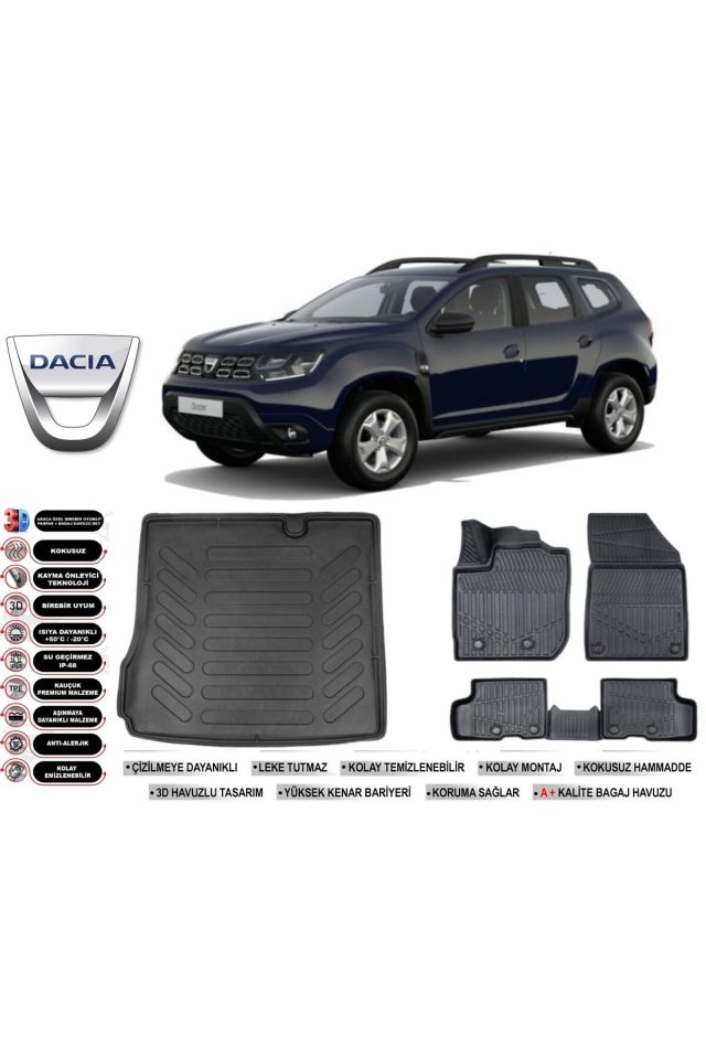 Dacia Duster 4X2 2020 Model Bagaj Havuzu Araca Özel Siyah Extra Havuzlu Paspas Takımı