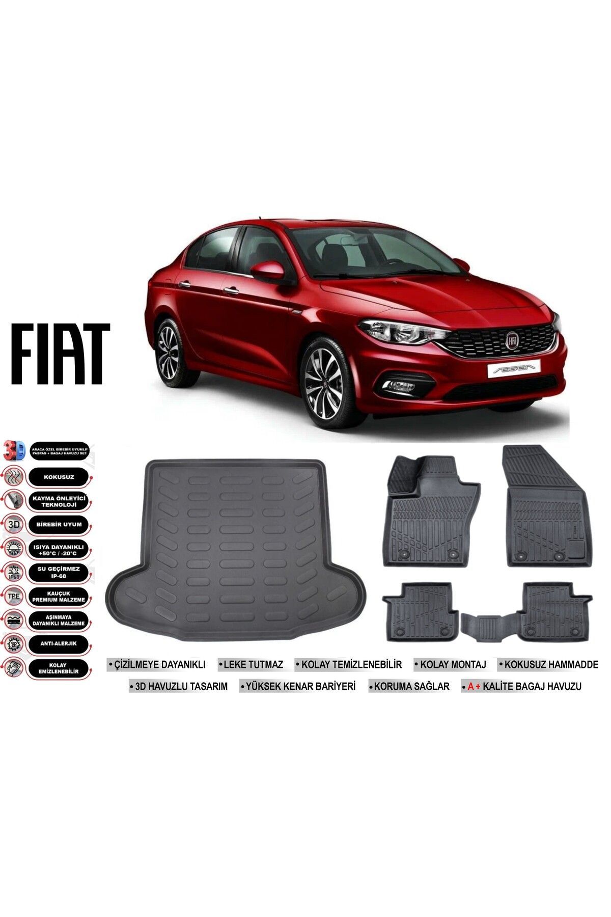 Fiat Egea Sedan 2017 Model Bagaj Havuzu Araca Özel Siyah Havuzlu Paspas Takımı Sett