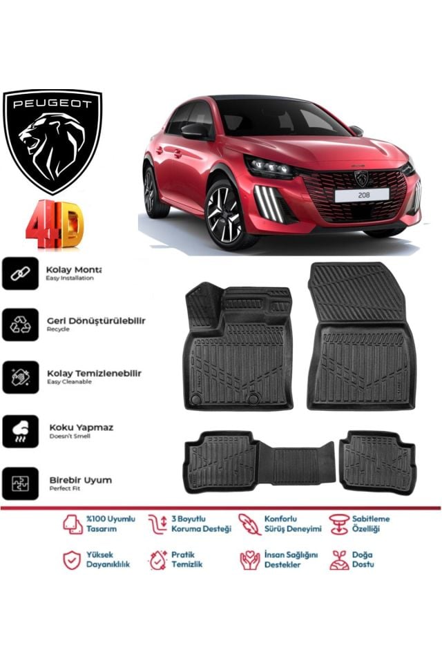 Peugeot 208 Elektirikli 2019 Ve Sonrası 4.5D Plus Havuzlu Siyah Paspas Takımı Yumuşak