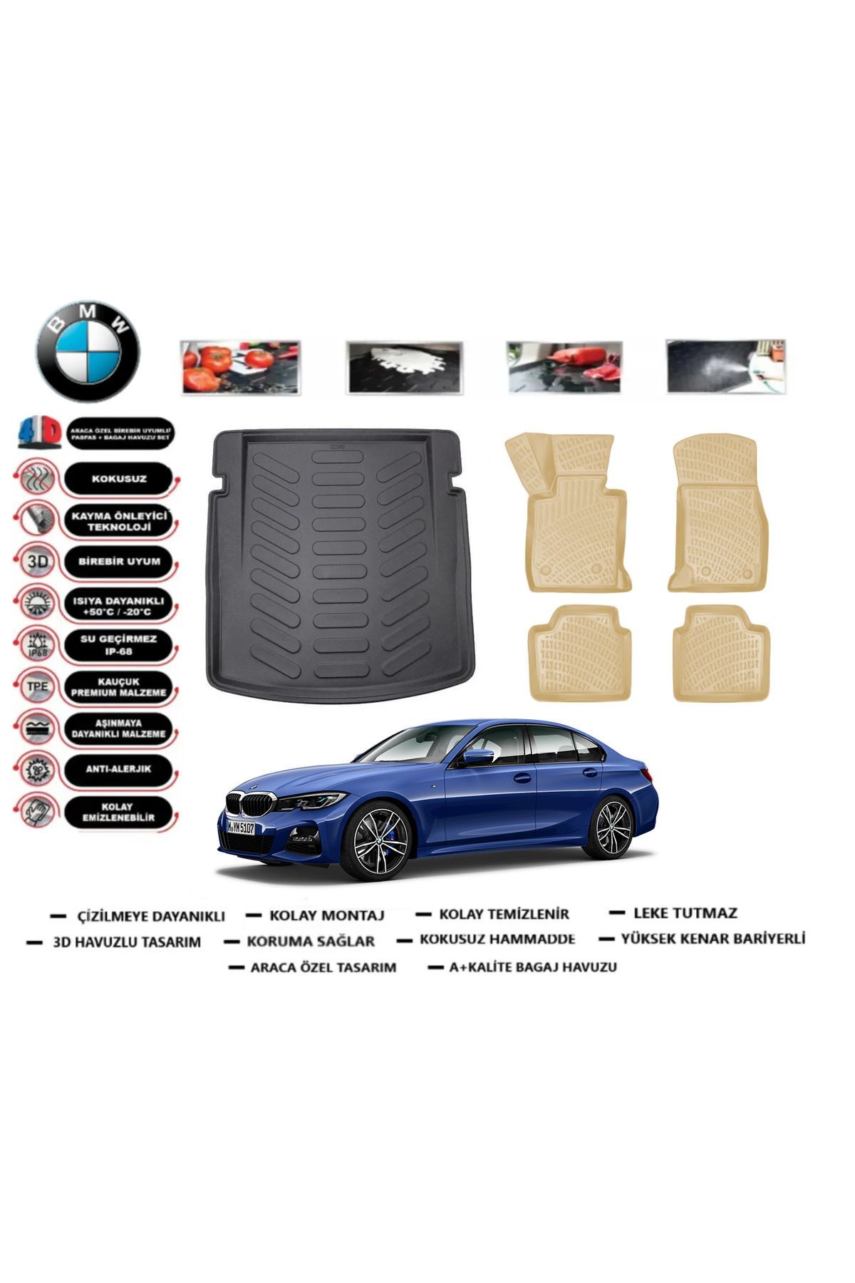 Bmw 3 serisi F30 2016 Model Bagaj Havuzu+Araca Özel Bej Paspas Takımı Flex